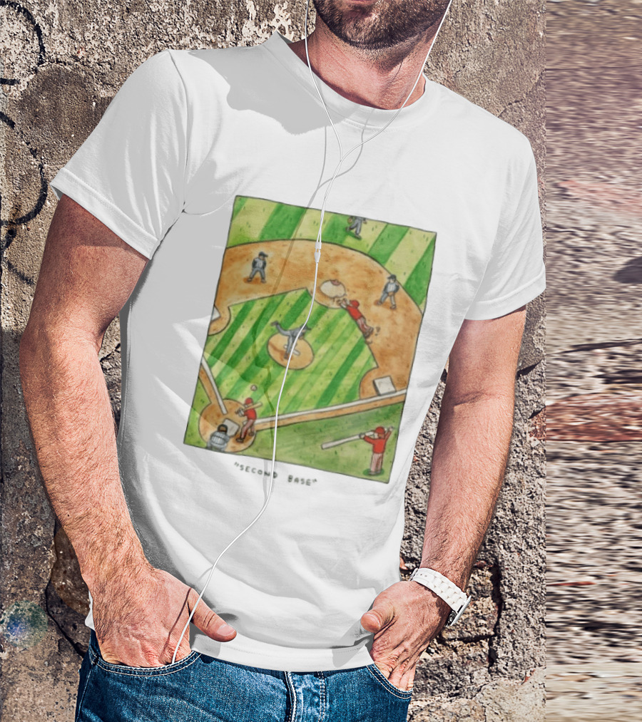 Second Base Baseball Cartoon Humor Action Play Scene T-Shirt