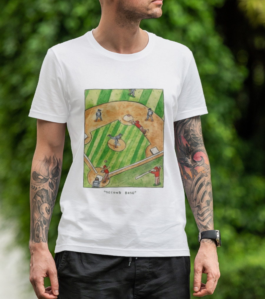 Second Base Baseball Cartoon Humor Action Play Scene T-Shirt