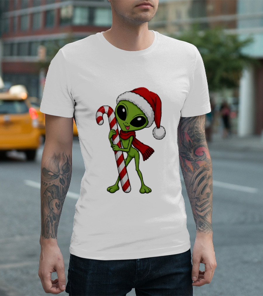 Green Santa Hat Alien With Red Scarf Holding Candy Cane Christmas T-Shirt