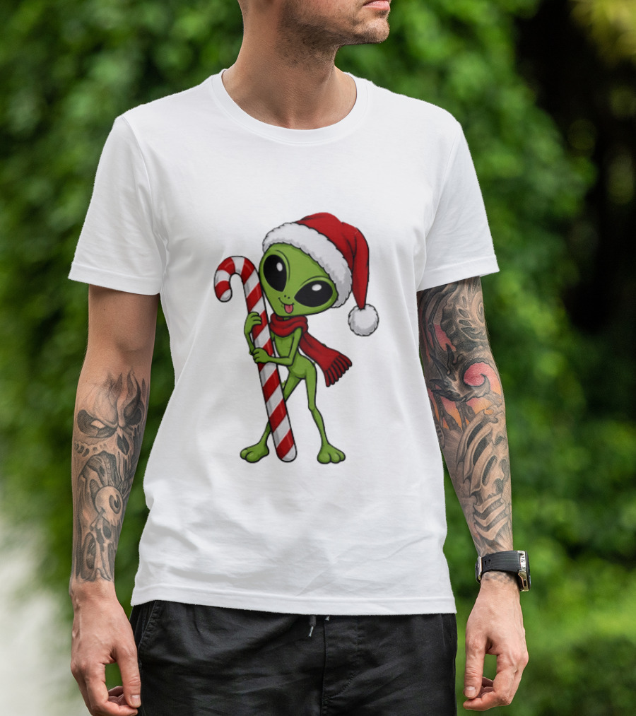 Green Santa Hat Alien With Red Scarf Holding Candy Cane Christmas T-Shirt