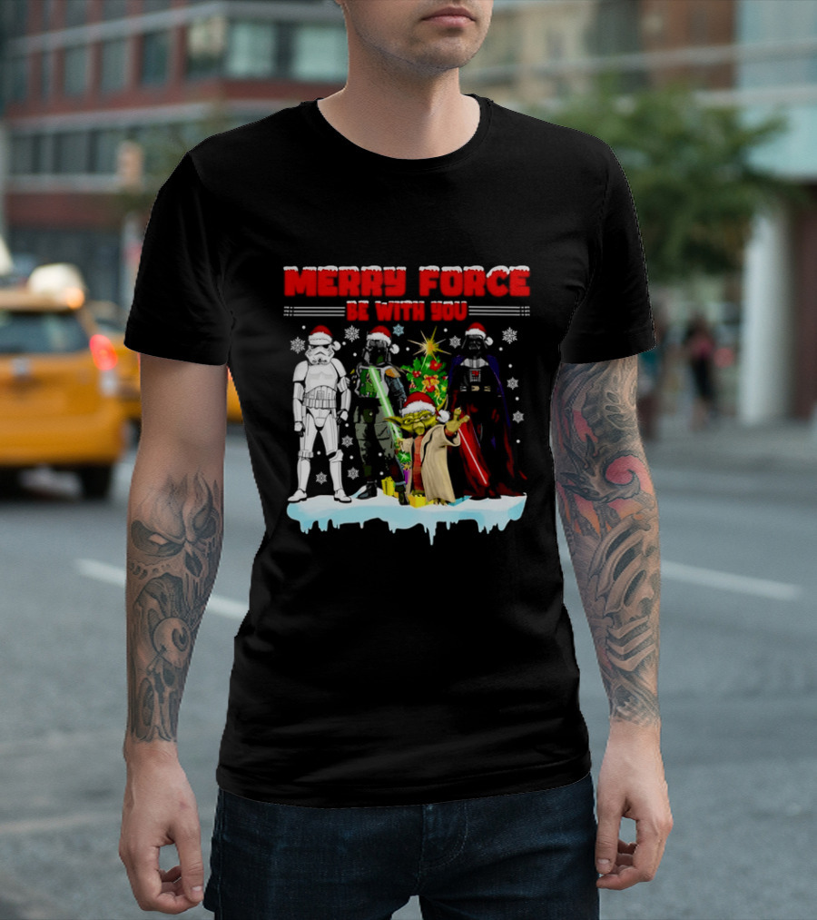 Star Wars Merry Force Be With You Christmas Characters Stormtrooper Yoda Darth Vader Santa Hats T-Shirt