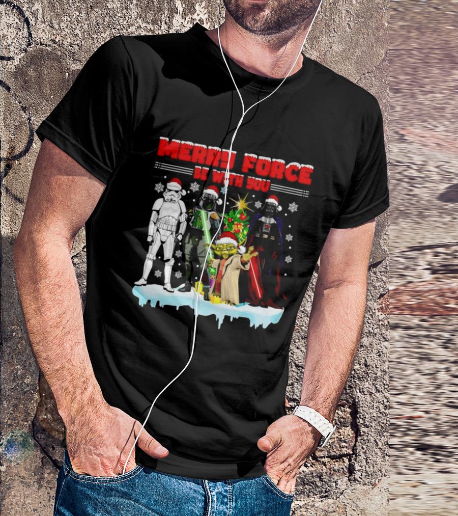 Star Wars Merry Force Be With You Christmas Characters Stormtrooper Yoda Darth Vader Santa Hats T-Shirt