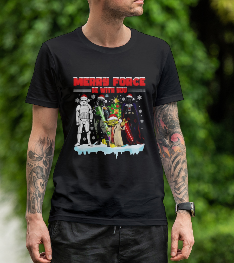 Star Wars Merry Force Be With You Christmas Characters Stormtrooper Yoda Darth Vader Santa Hats T-Shirt