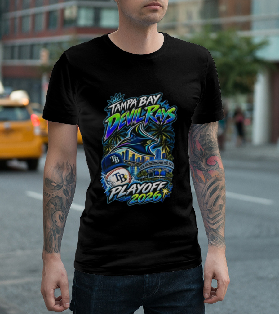 Tampa Bay Devil Rays Playoff 2026 Stingray Tropicana Field Skyline Baseball Cap T-Shirt