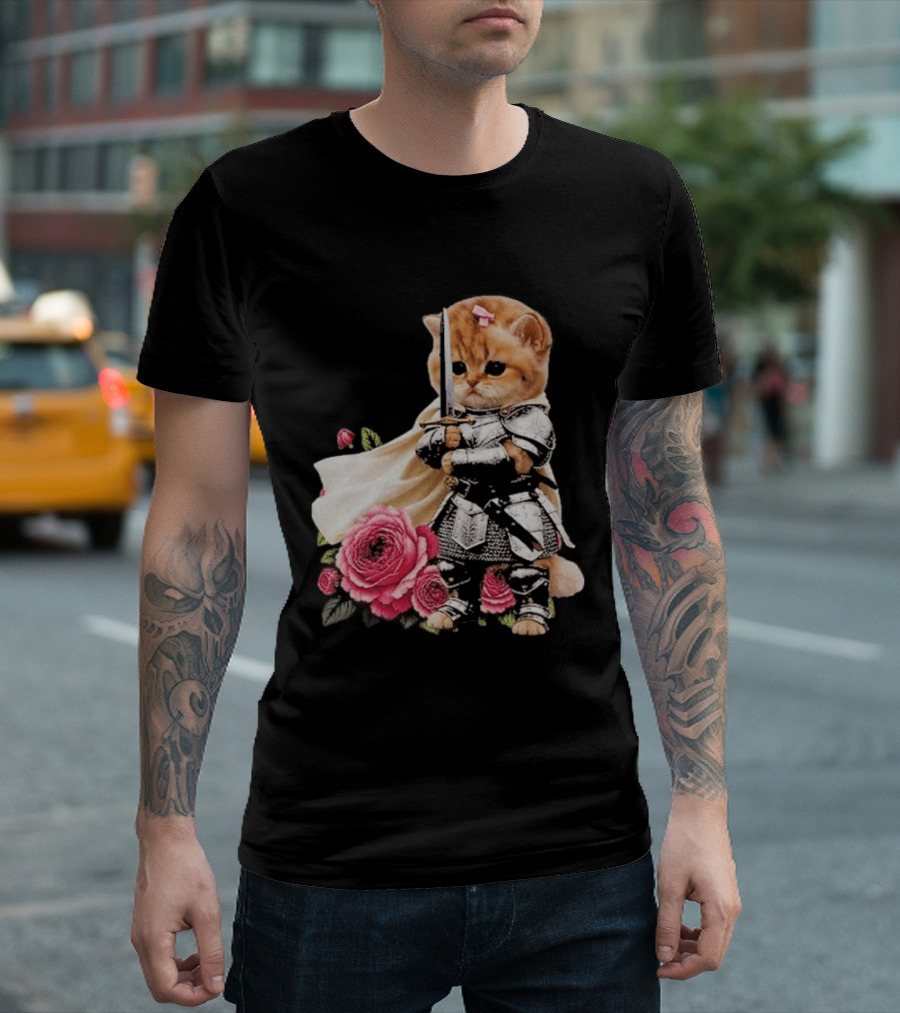 Knight Cat Holding Sword With Roses T-Shirt