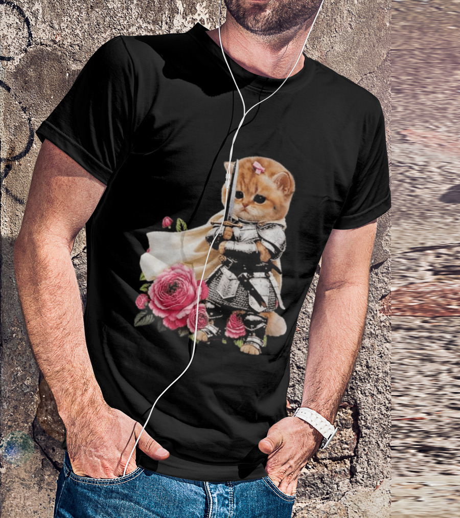 Knight Cat Holding Sword With Roses T-Shirt