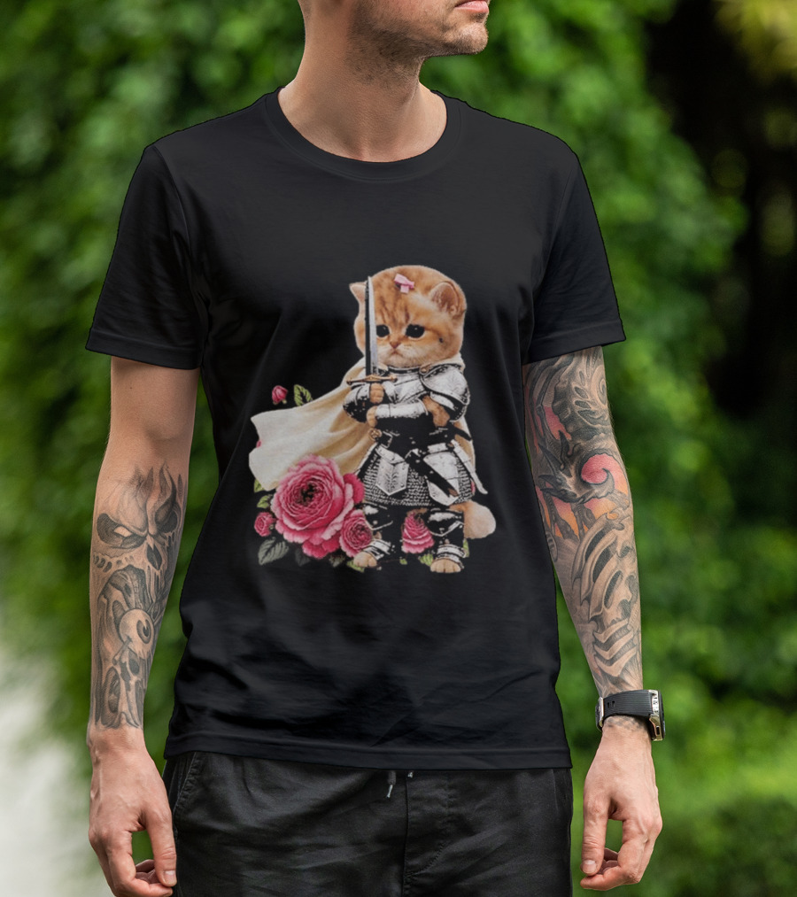 Knight Cat Holding Sword With Roses T-Shirt