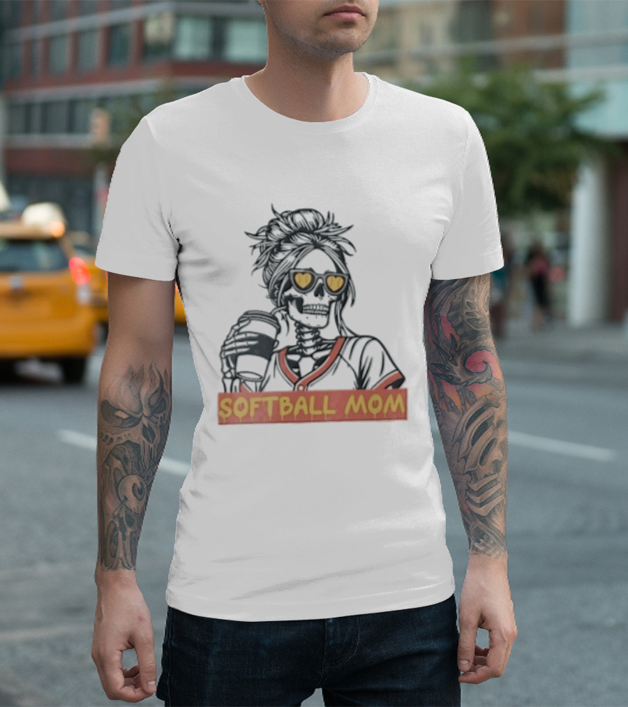 Softball MOM Skeleton Messy Bun Heart Sunglasses Coffee T-Shirt