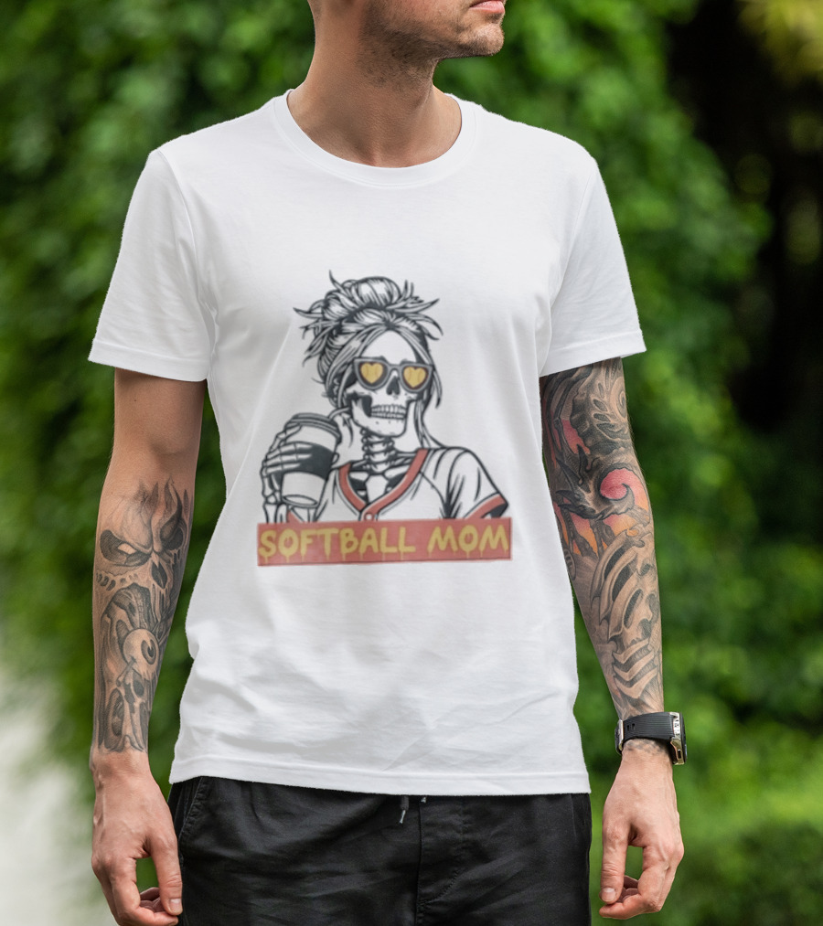 Softball MOM Skeleton Messy Bun Heart Sunglasses Coffee T-Shirt