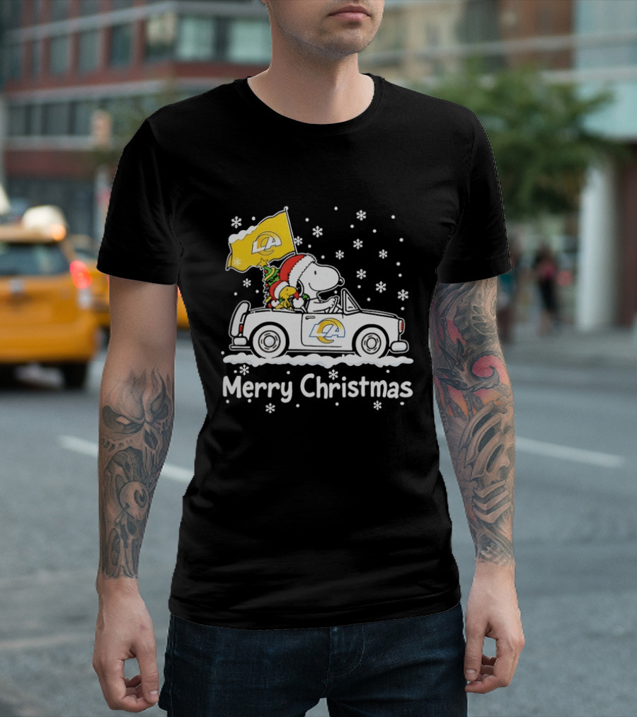 Los Angeles Rams Snoopy Woodstock Merry Christmas Car Holiday T-Shirt