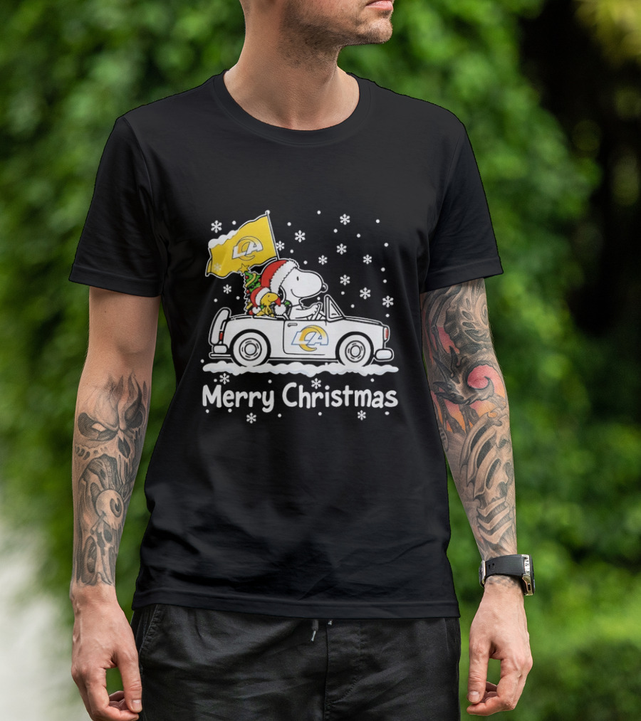 Los Angeles Rams Snoopy Woodstock Merry Christmas Car Holiday T-Shirt