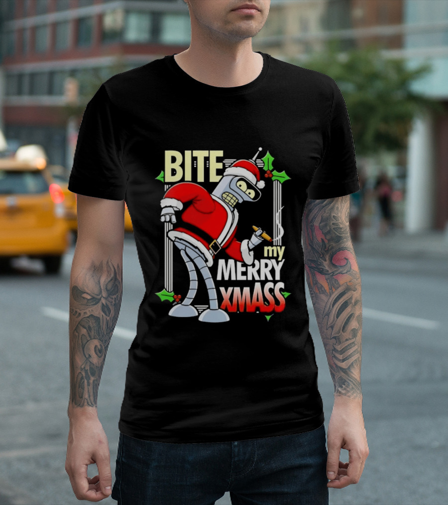 Bender Bite My Merry Xmass Futurama Santa Cigarette Hollys T-Shirt