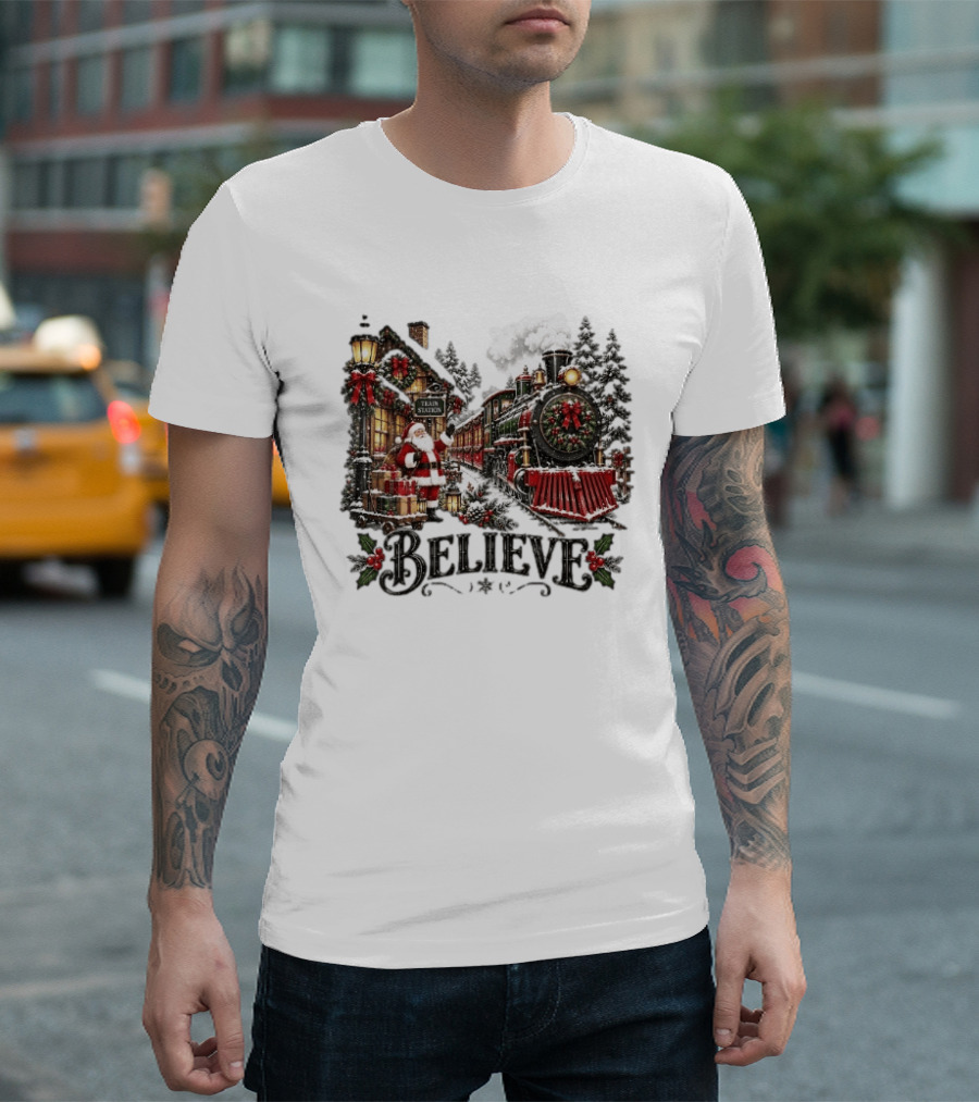 Believe Santa Claus At The Christmas Train Station With Snowy Locomotive Ornaments T-Shirt