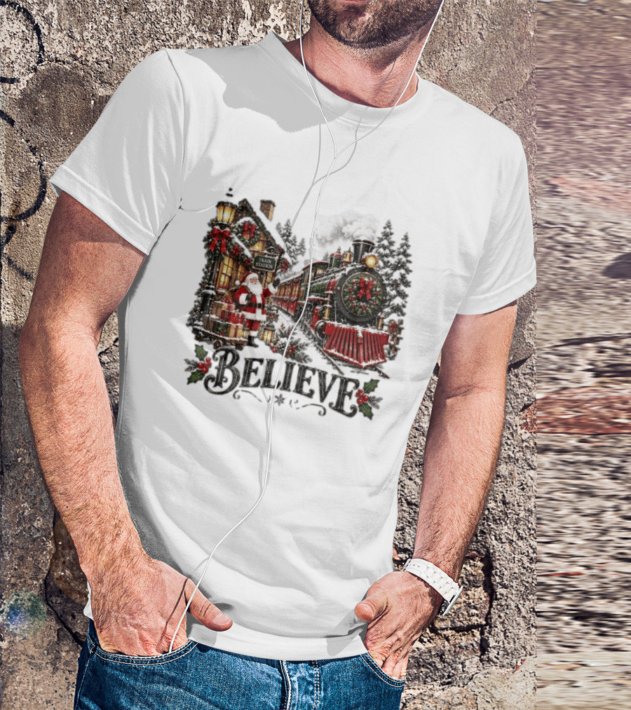 Believe Santa Claus At The Christmas Train Station With Snowy Locomotive Ornaments T-Shirt