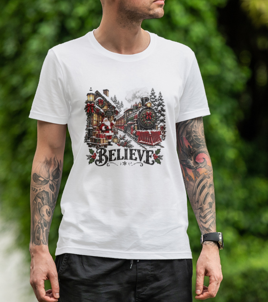 Believe Santa Claus At The Christmas Train Station With Snowy Locomotive Ornaments T-Shirt