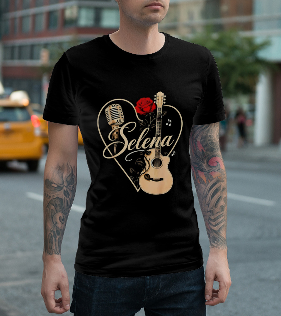 Selena Heart With Rose Microphone Guitar Music Notes T-Shirt