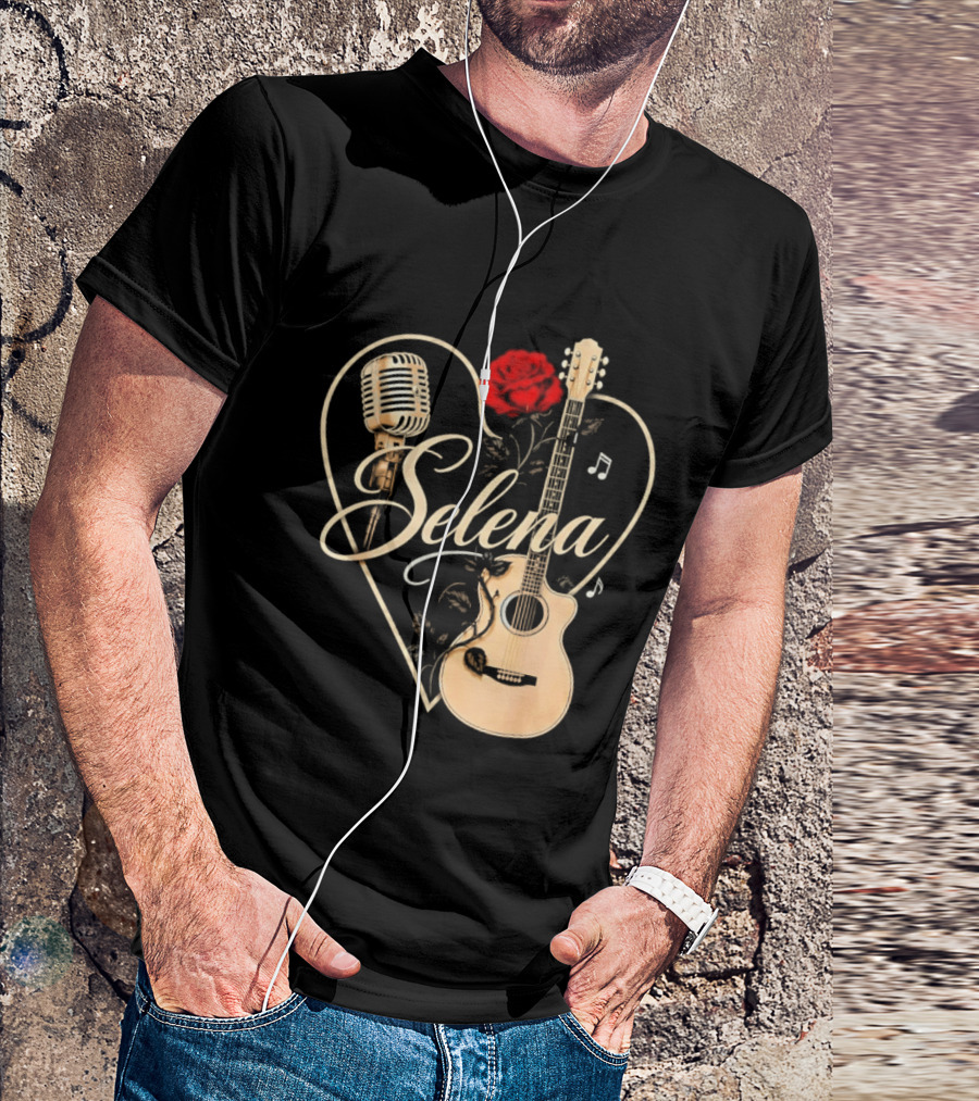 Selena Heart With Rose Microphone Guitar Music Notes T-Shirt