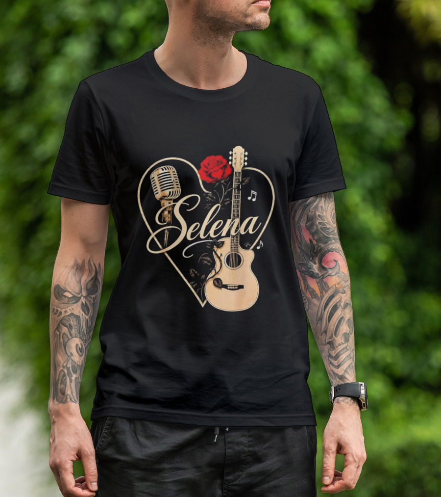 Selena Heart With Rose Microphone Guitar Music Notes T-Shirt