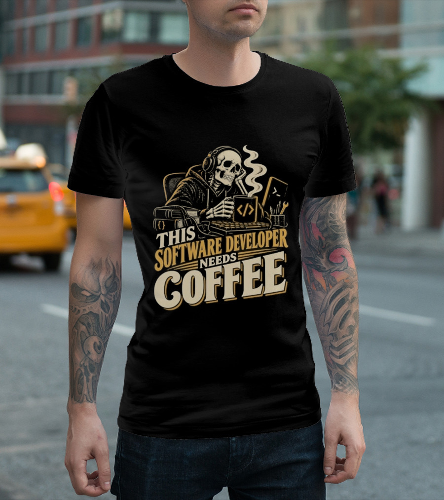 This Software Developer Needs Coffee Coding Skeleton T-Shirt
