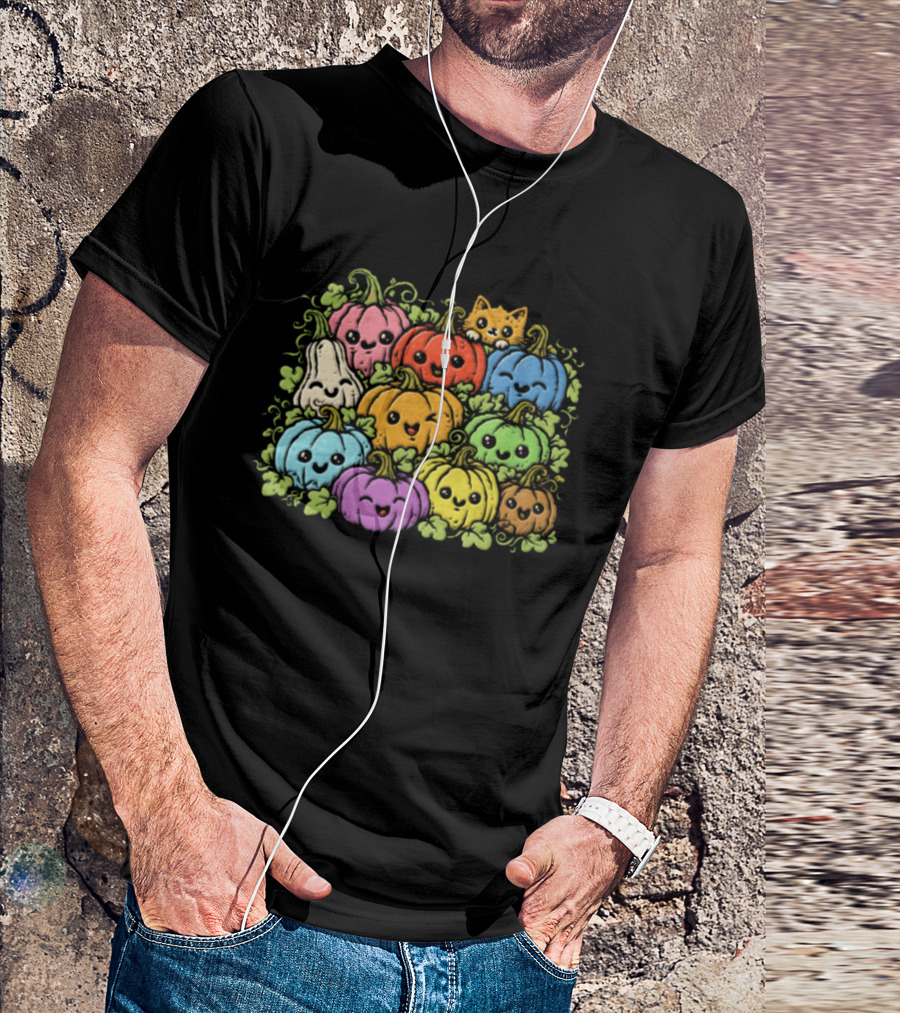 Halloween Cute Colorful Pumpkins And Gourds With Orange Cat T-Shirt