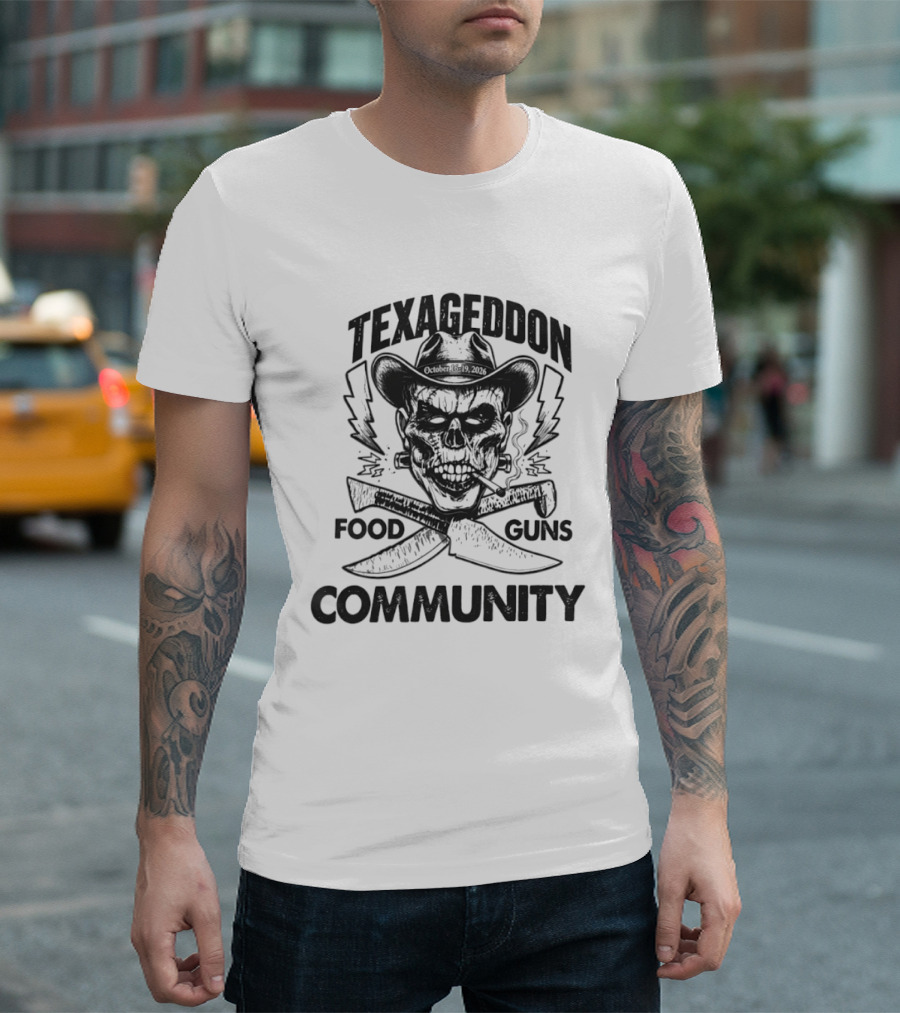 Texageddon October 16 19 2026 Skull Cowboy Knives Guns Lightning Community T-Shirt
