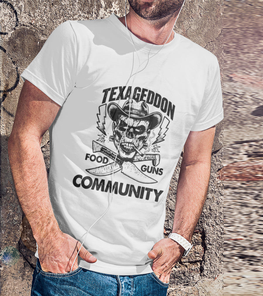 Texageddon October 16 19 2026 Skull Cowboy Knives Guns Lightning Community T-Shirt