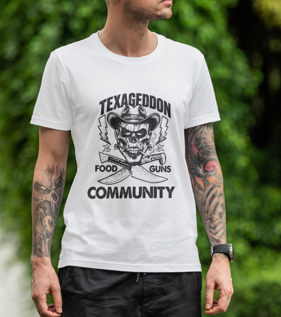 Texageddon October 16 19 2026 Skull Cowboy Knives Guns Lightning Community T-Shirt