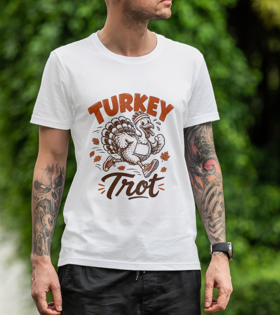 Turkey Trot Running Thanksgiving Holiday Turkey With Headband And Falling Leaves T-Shirt