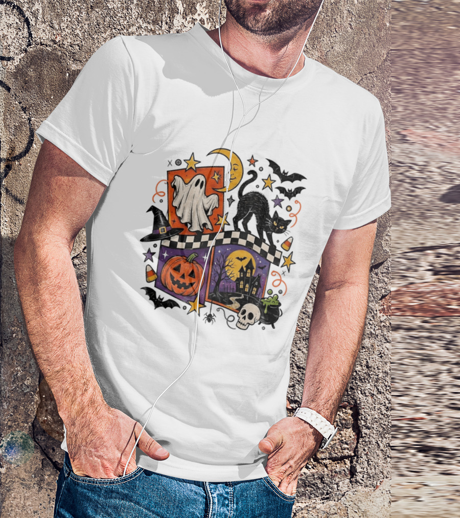 Halloween Ghost Cat Moon Pumpkin Witch Hat Skull Scene T-Shirt