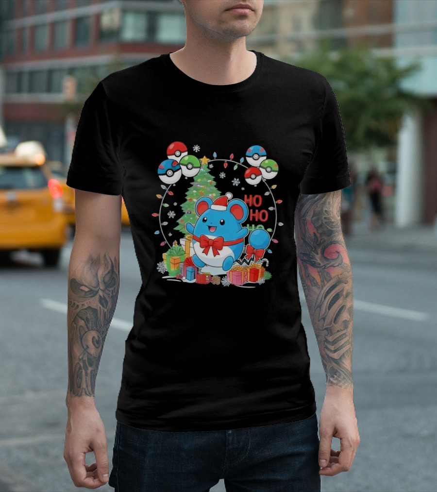 Marill Pokemon Christmas Ho Ho Ho Holiday Pokeballs Snowflakes Presents T-Shirt