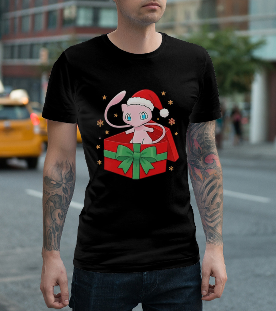 Mew Christmas Gift Box Pokemon Holiday Santa Hat Festive T-Shirt