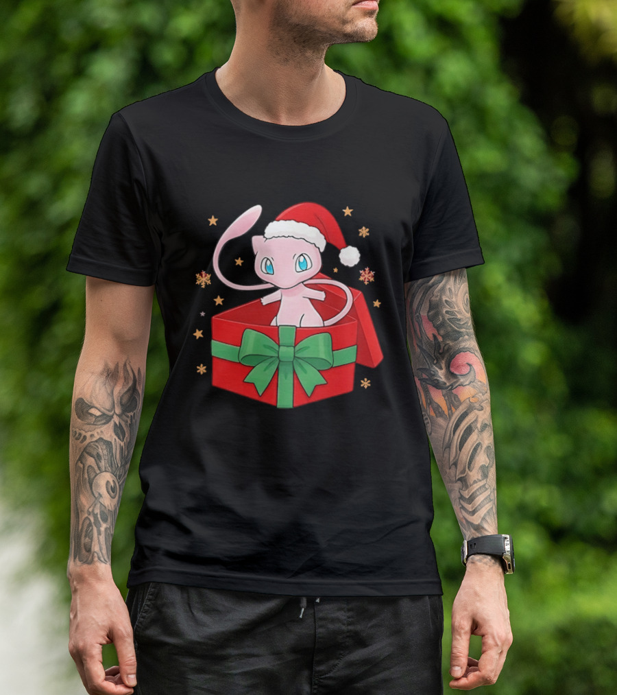 Mew Christmas Gift Box Pokemon Holiday Santa Hat Festive T-Shirt
