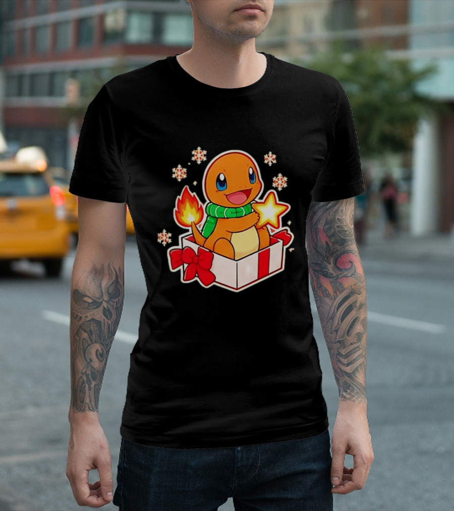 Charmander Holding Star In Christmas Gift Box With Snowflakes And Green Scarf T-Shirt