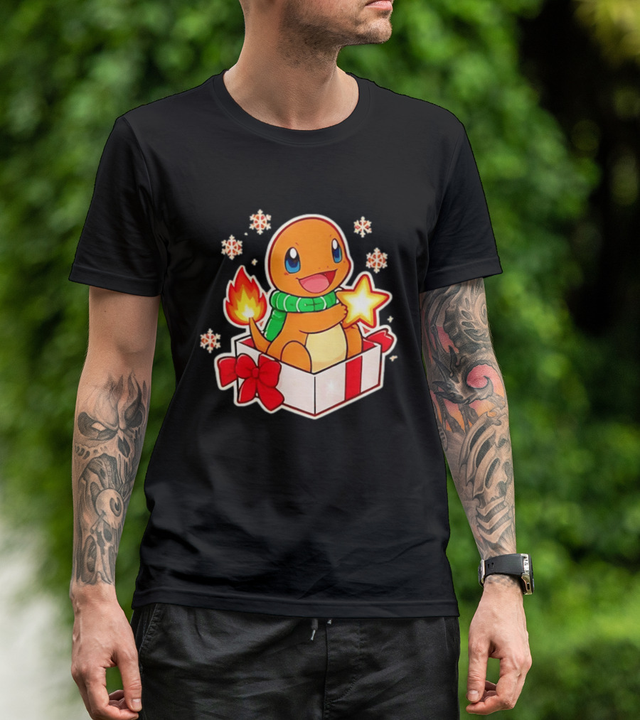Charmander Holding Star In Christmas Gift Box With Snowflakes And Green Scarf T-Shirt