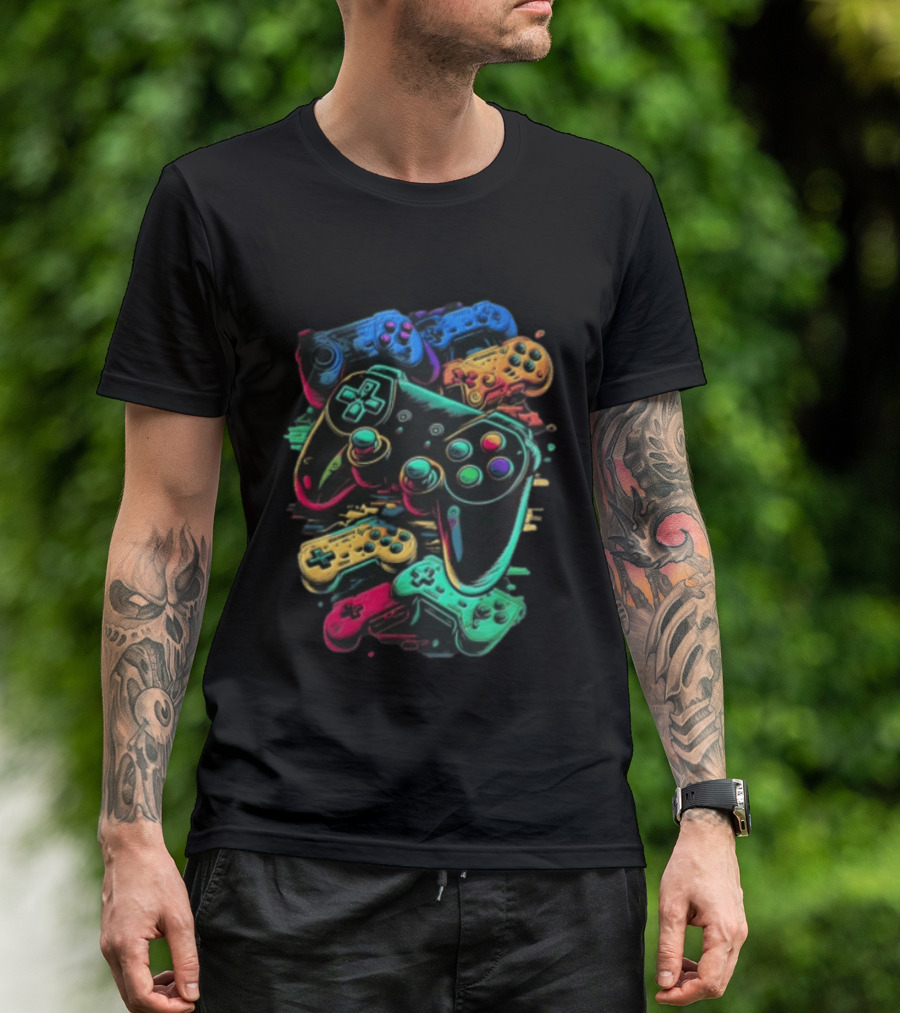 Colorful Retro Video Game Controllers Gaming Geek Collection T-Shirt