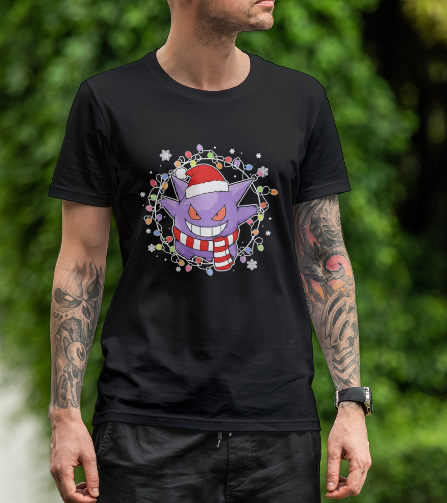 Gengar Christmas Lights Holiday Festive Santa Hat And Scarf T-Shirt