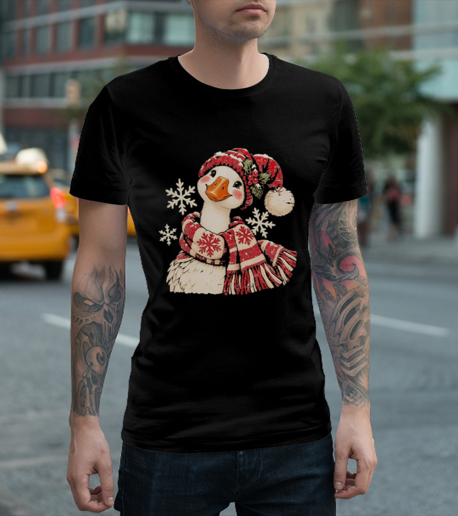 Goose With Red Scarf And Hat In Snowflake Winter Scene T-Shirt