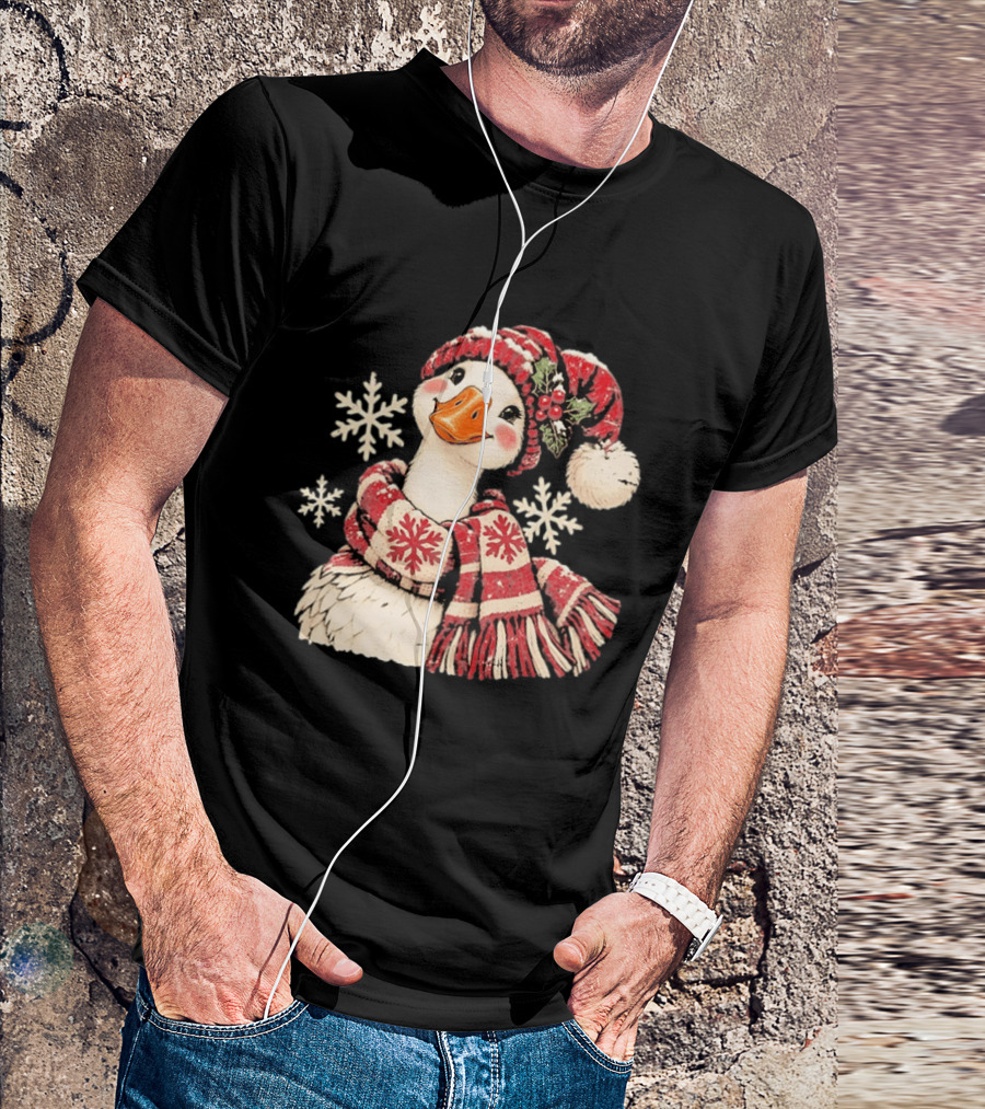 Goose With Red Scarf And Hat In Snowflake Winter Scene T-Shirt
