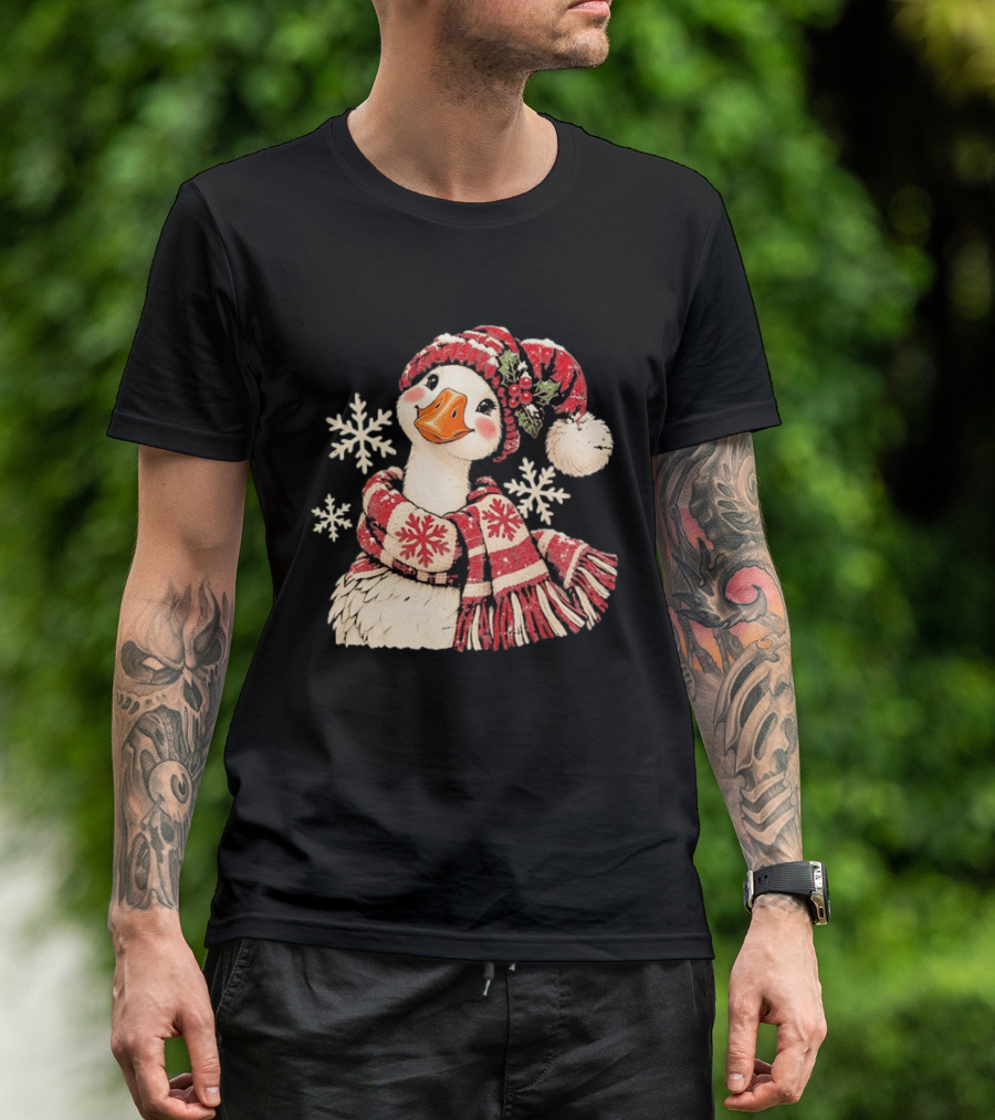 Goose With Red Scarf And Hat In Snowflake Winter Scene T-Shirt
