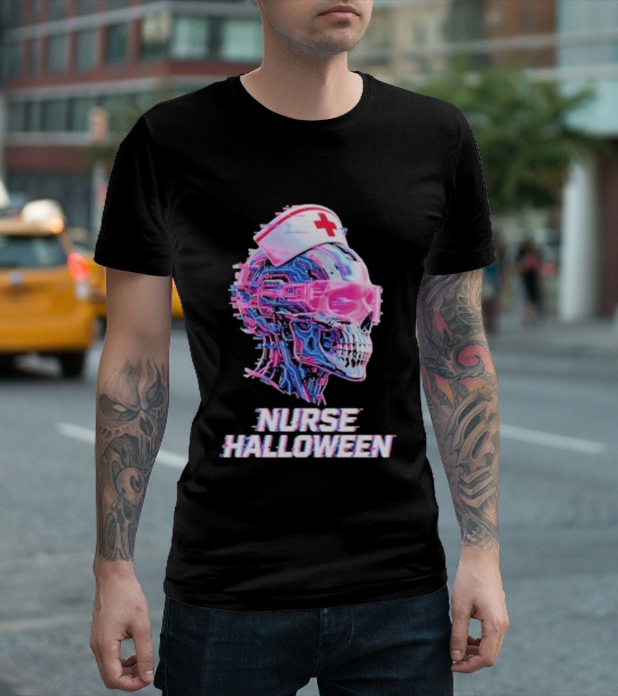 Nurse Halloween Cybernetic Skull Glitch Futuristic Nurse Cap And Neon Skull T-Shirt
