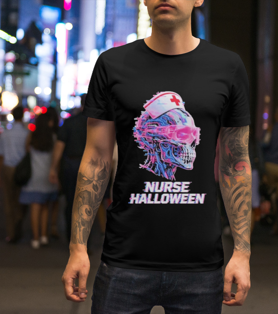 Nurse Halloween Cybernetic Skull Glitch Futuristic Nurse Cap And Neon Skull T-Shirt