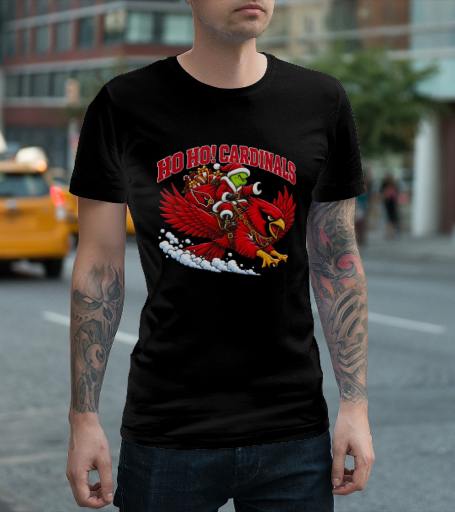 HO HO Cardinals Grinch Christmas Football Arizona Riding Sleigh T-Shirt