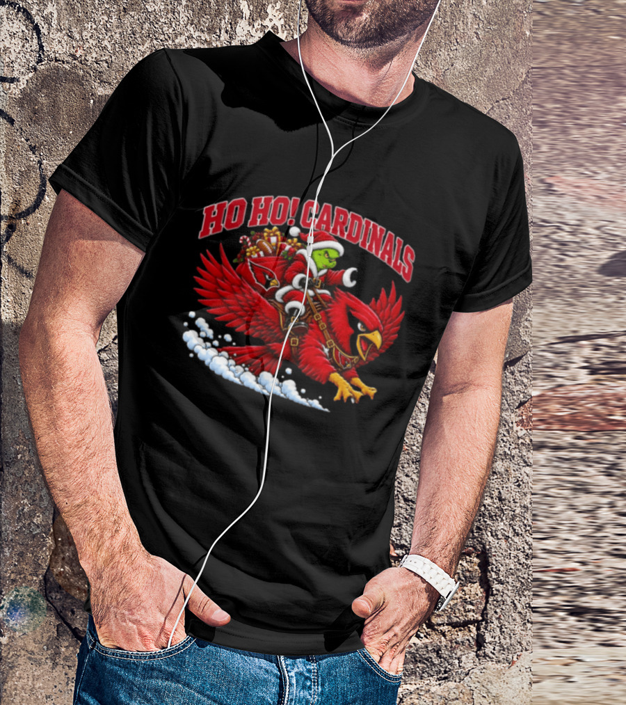 HO HO Cardinals Grinch Christmas Football Arizona Riding Sleigh T-Shirt