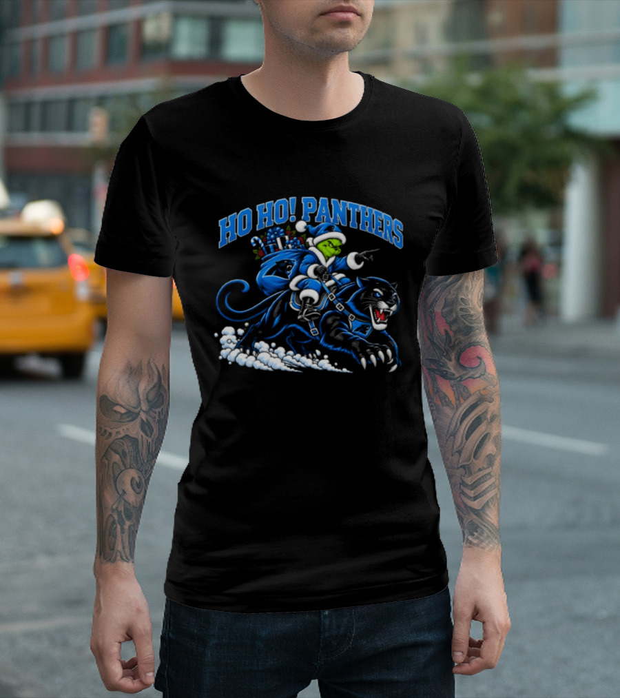 Ho Ho Panthers Grinch Christmas Football Riding Panther T-Shirt