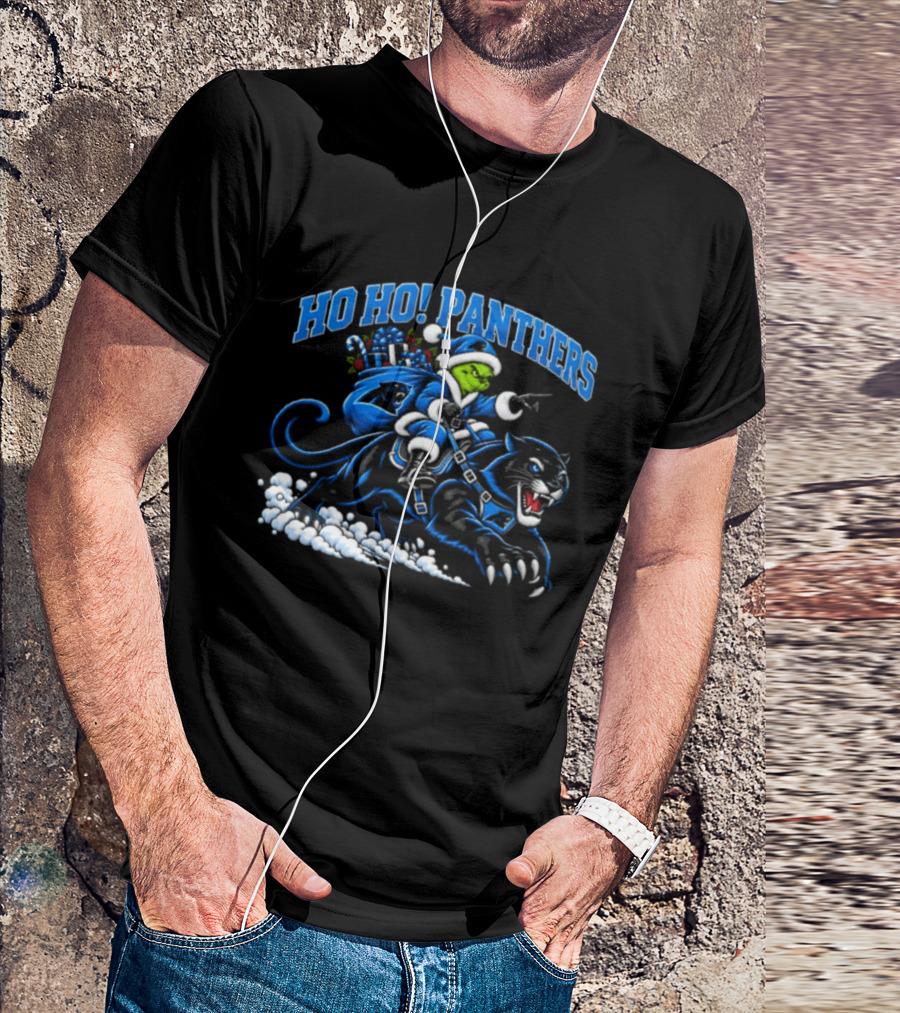 Ho Ho Panthers Grinch Christmas Football Riding Panther T-Shirt
