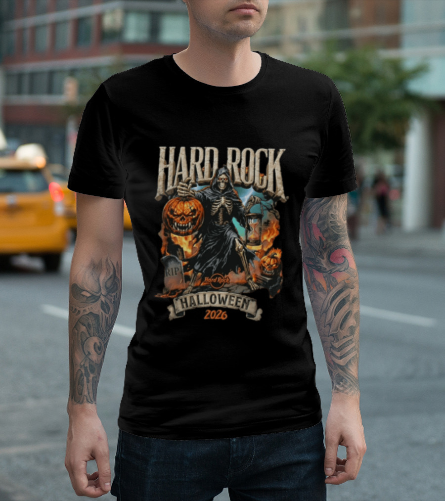 Hard Rock Halloween 2026 Skeleton Grim Reaper Pumpkin Hourglass T-Shirt