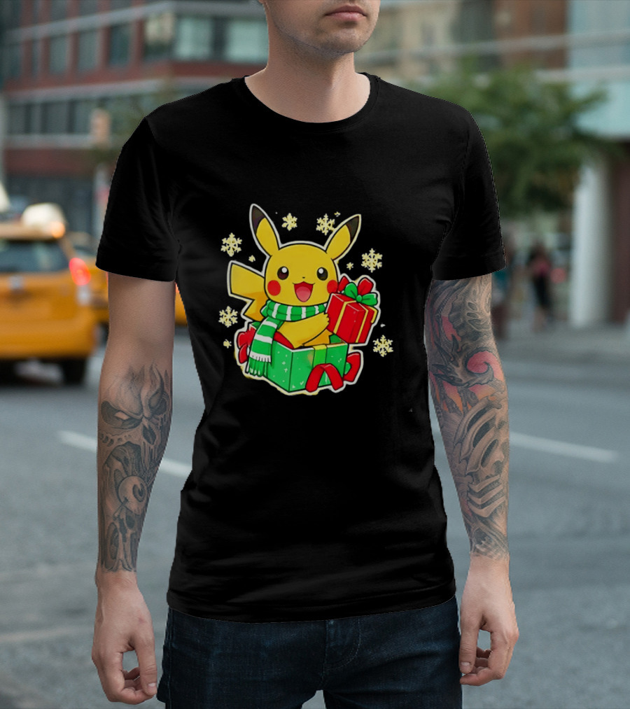 Pikachu Christmas Scarf With Gift Box Pokemon Holiday T-Shirt