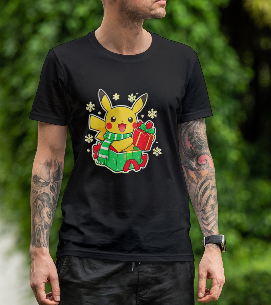 Pikachu Christmas Scarf With Gift Box Pokemon Holiday T-Shirt