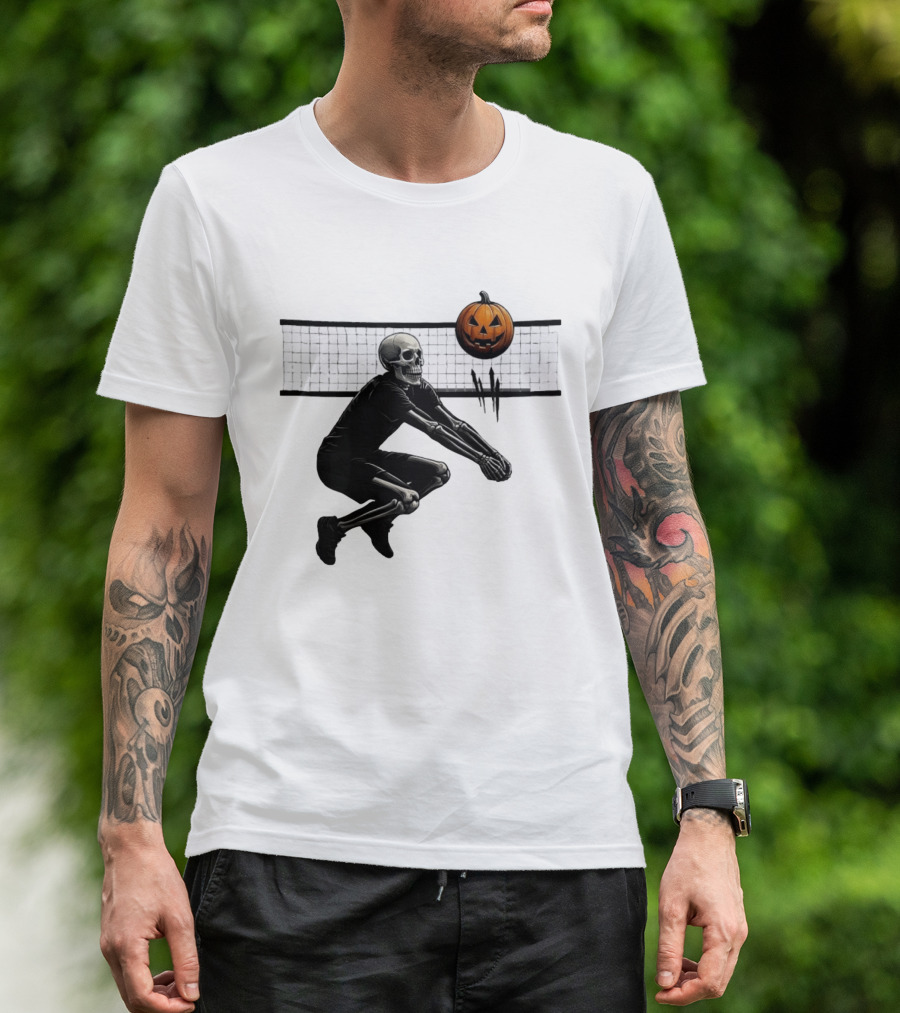Bump Or Treat Halloween Volleyball Skeleton Pumpkin Spike T-Shirt