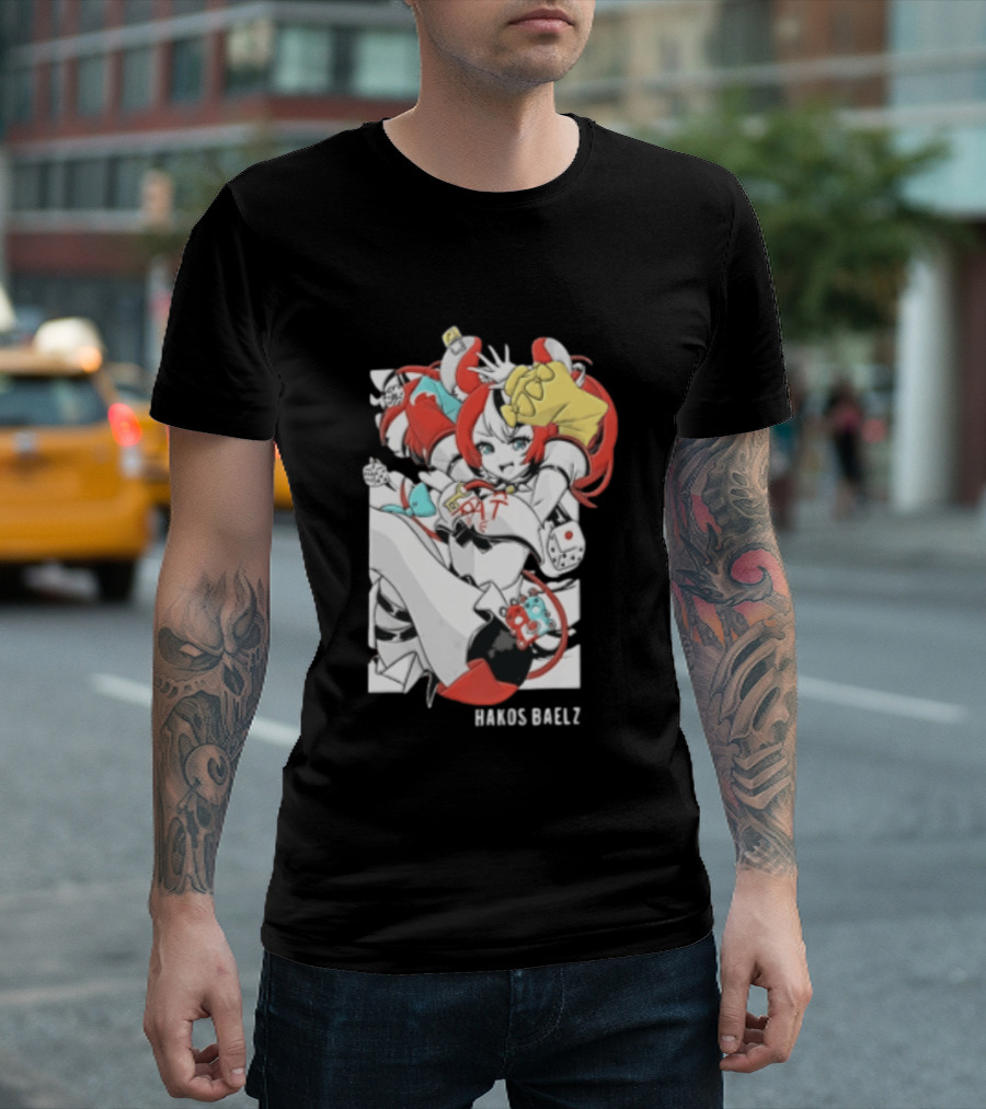 Hololive Hakos Baelz Anime Girl Red Hair Dice Playful Jumping T-Shirt